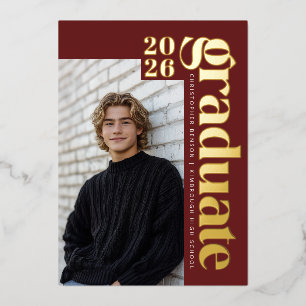2026 Modern Dark Red Photo Graduation Gold Foil Invitation