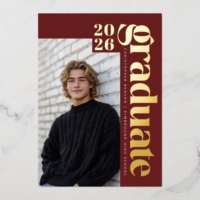 2026 Modern Dark Red Photo Graduation Gold Foil Invitation (Front)