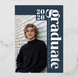 2026 Modern Graduate Blue Photo Graduation Silver Foil Invitation