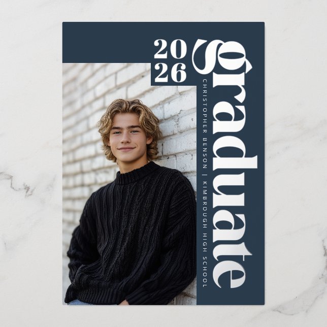 2026 Modern Graduate Blue Photo Graduation Silver Foil Invitation (Front)