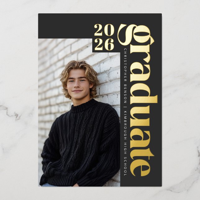 2026 Modern Graduate Gray 4 Photo Graduation Gold Foil Invitation (Front)