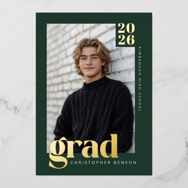 2026 Modern Green 4 Photo Graduation Gold Foil Invitation (Front)