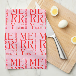 2026 Modern Merry and Bright Red Pink Christmas Kitchen Towel