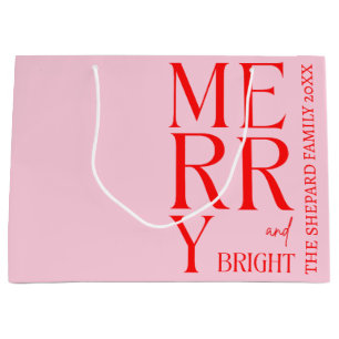 2026 Modern Merry and Bright Red Pink Christmas Large Gift Bag
