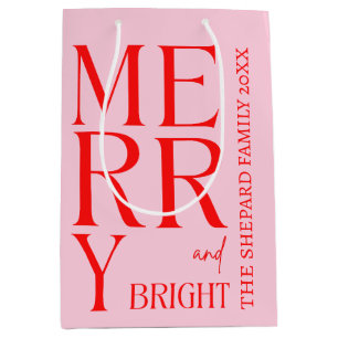 2026 Modern Merry and Bright Red Pink Christmas Medium Gift Bag