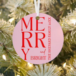 2026 Modern Merry and Bright Red Pink Christmas Metal Ornament