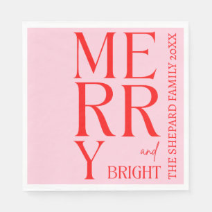 2026 Modern Merry and Bright Red Pink Christmas Napkins