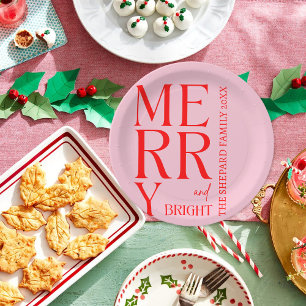 2026 Modern Merry and Bright Red Pink Christmas Paper Plates