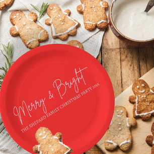 2026 Modern Merry and Bright Red Pink Christmas Paper Plates