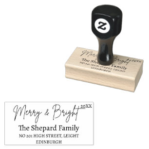 2026 Modern Merry and Bright Red Pink Christmas Rubber Stamp