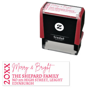 2026 Modern Merry and Bright Red Pink Christmas Self-inking Stamp