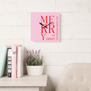 2026 Modern Merry and Bright Red Pink Christmas Square Wall Clock