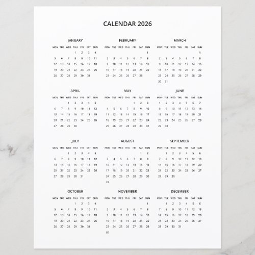 2026 Modern Minimalist Printable Calendar in Black