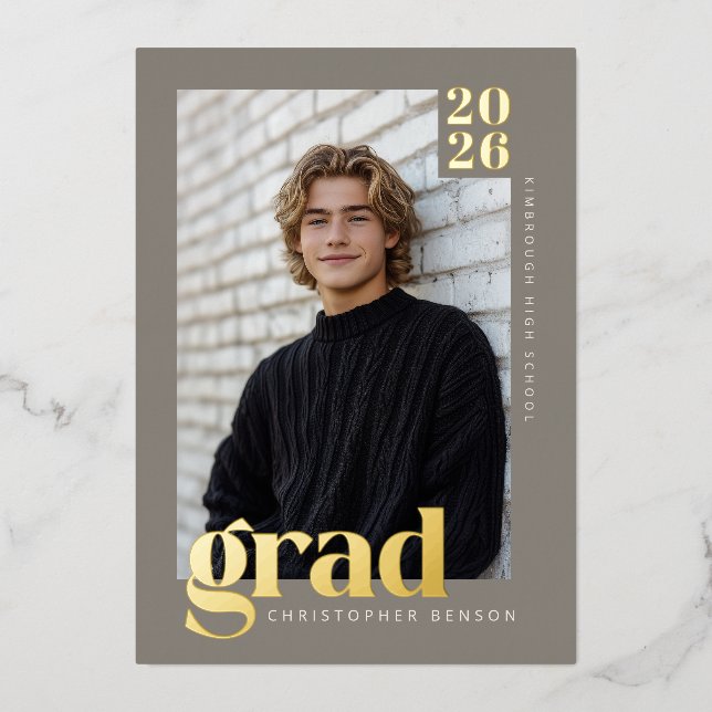 2026 Modern Stone Gray 4 Photo Graduation Gold Foil Invitation (Front)