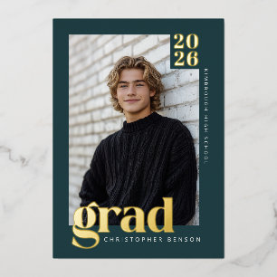 2026 Modern Teal Green 4 Photo Graduation Gold Foil Invitation