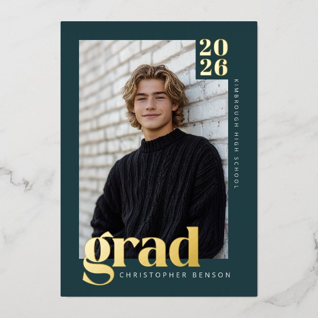 2026 Modern Teal Green 4 Photo Graduation Gold Foil Invitation (Front)