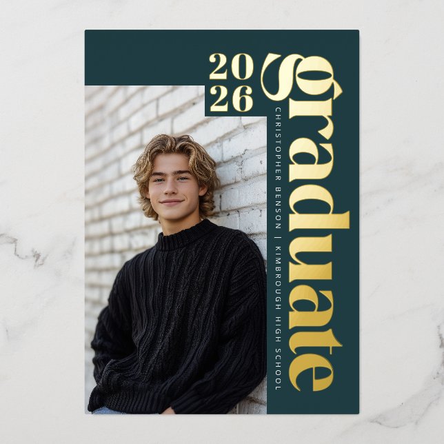 2026 Modern Teal Green Photo Graduation Gold Foil Invitation (Front)