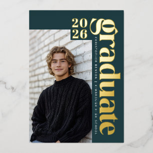 2026 Modern Teal Green Photo Graduation Gold Foil Invitation