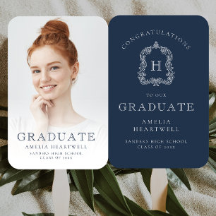 2026 Monogram Navy Blue White Photo Graduation Hand Fan