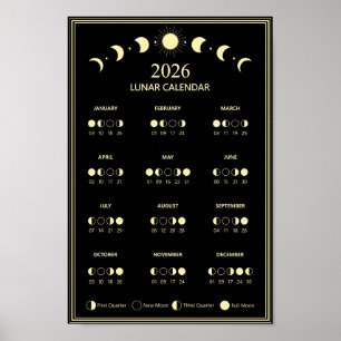 2026 Moon Phase Calendar Lunar Cycles Minimalist Poster