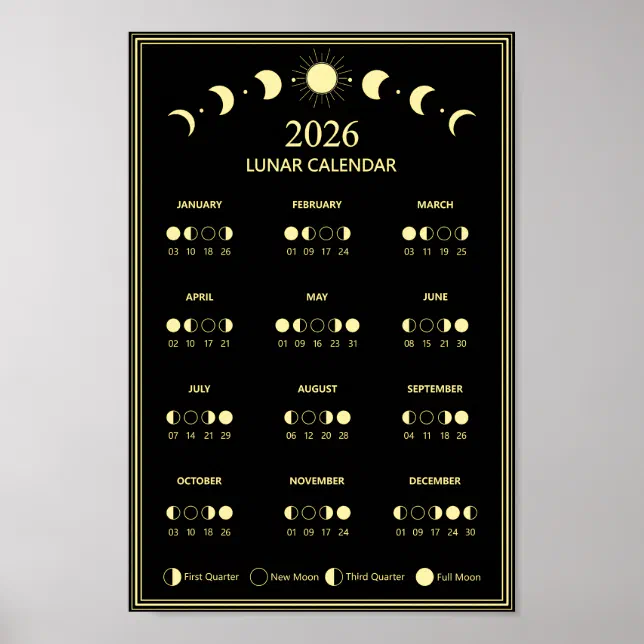 2026 Moon Phase Calendar Lunar Cycles Minimalist Poster | Zazzle