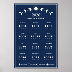 2026 Moon Phase Calendar Lunar Cycles Minimalist Poster