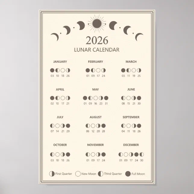 2026 Moon Phase Calendar Lunar Cycles Minimalist Poster | Zazzle