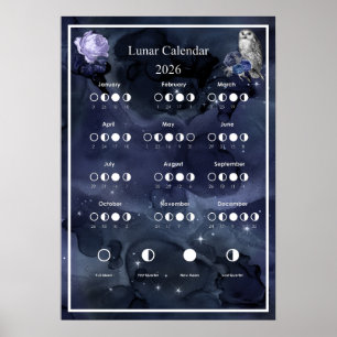 2026 Moon Phase Lunar Cycles Gothic Black Calendar Poster