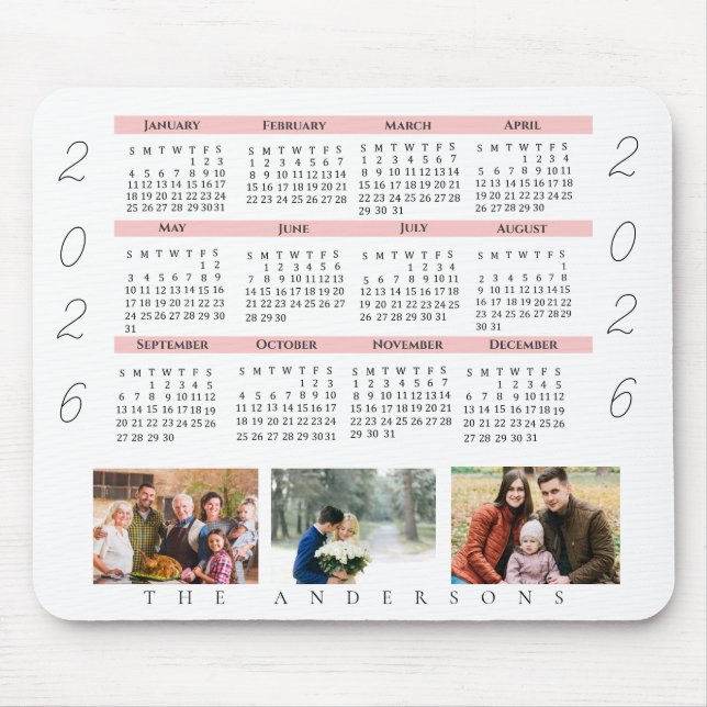 2026 Multi Photo Family Modern Minimalist Calendar Mouse Pad (Front)