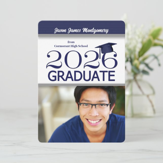 2026 Navy Blue and White Photo Graduation Invitation (Standing Front)