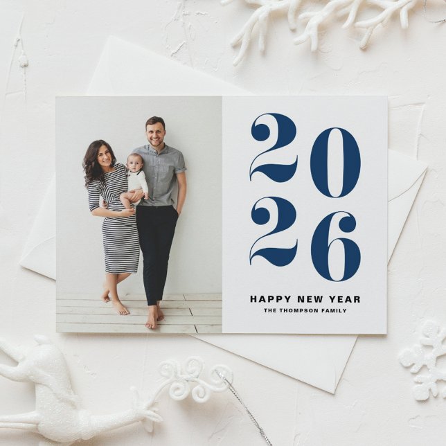 2026 Navy Blue Bold Typography New Year Photo Holiday Card (Ring in 2026 with this navy blue Happy New Year Photo Card featuring retro bold typography.)