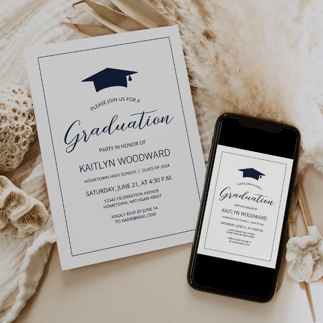 2026 Navy Blue Cap Modern Graduation Party Invitation (Creator Uploaded)