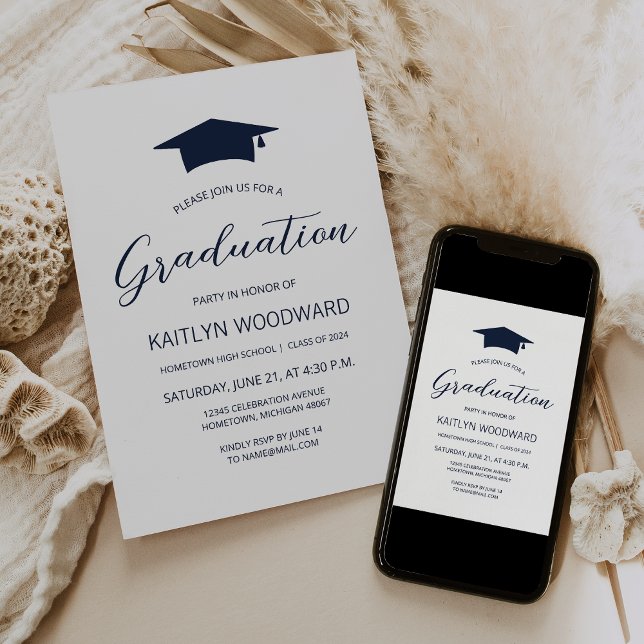 2026 Navy Blue Cap Modern Graduation Party Invitation (Creator Uploaded)