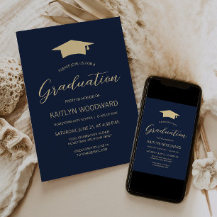 2026 Navy Blue Gold Cap Modern Graduation Party Invitation