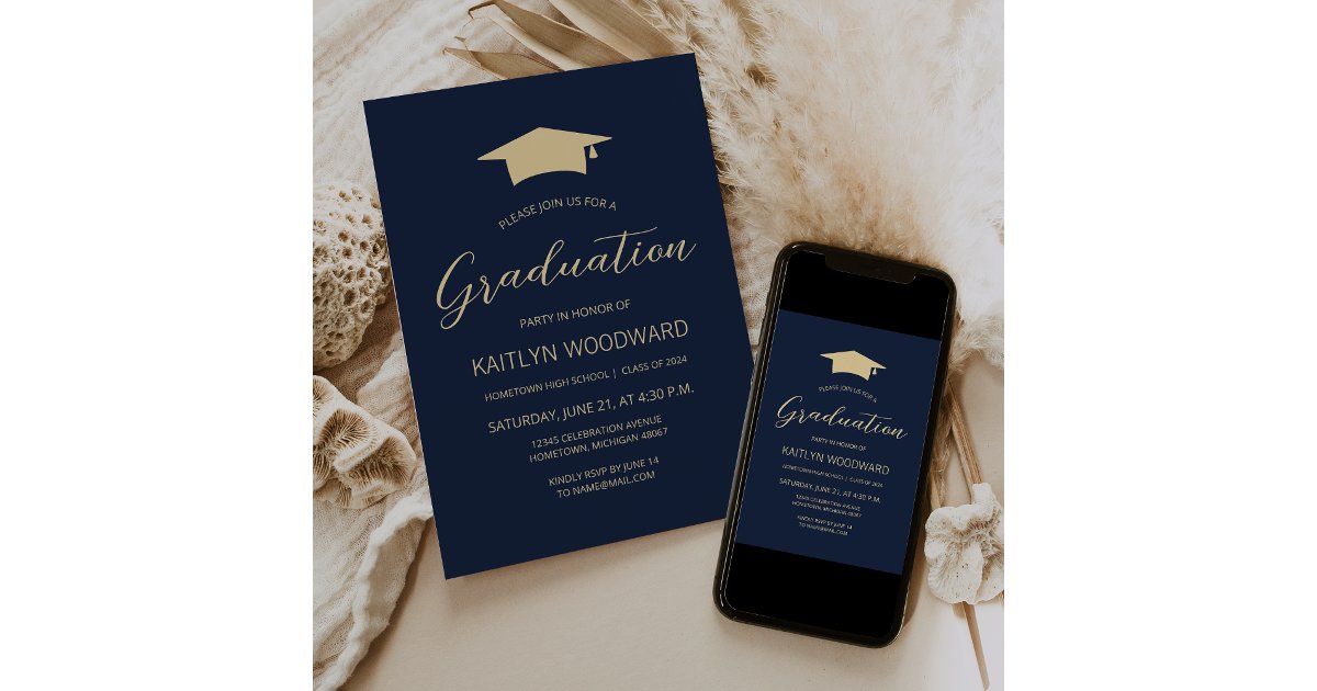 2026 Navy Blue Gold Cap Modern Graduation Party Invitation | Zazzle