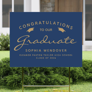 2026 Navy Blue Gold Script Cap Graduation Yard Sign
