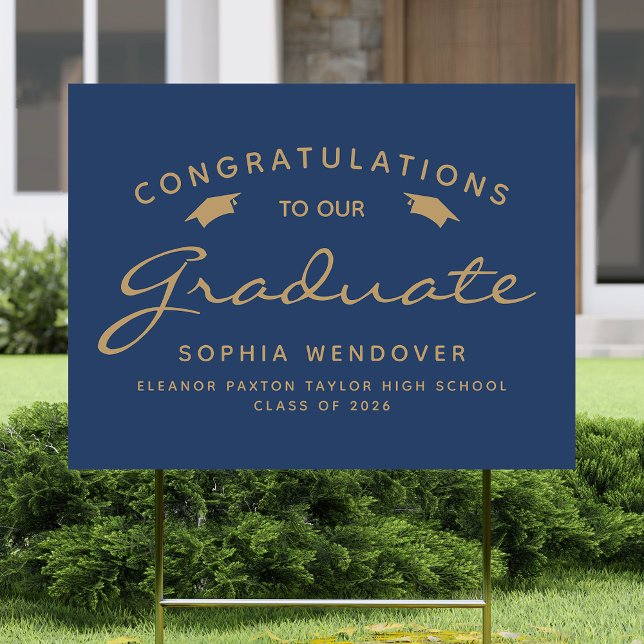 2026 Navy Blue Gold Script Cap Graduation Yard Sign (Creator Uploaded)