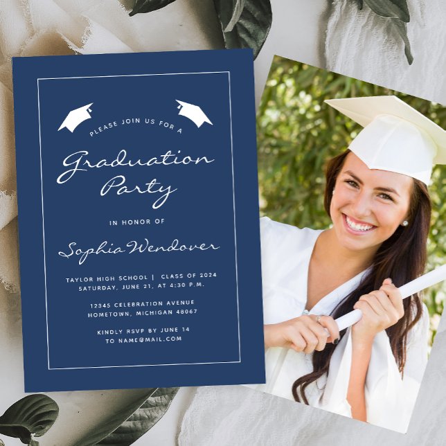 2026 Navy Blue White Border Graduation Party Invitation (Creator Uploaded)