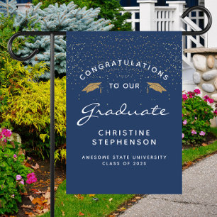 2026 Navy Blue White Gold Cap Graduation Garden Flag