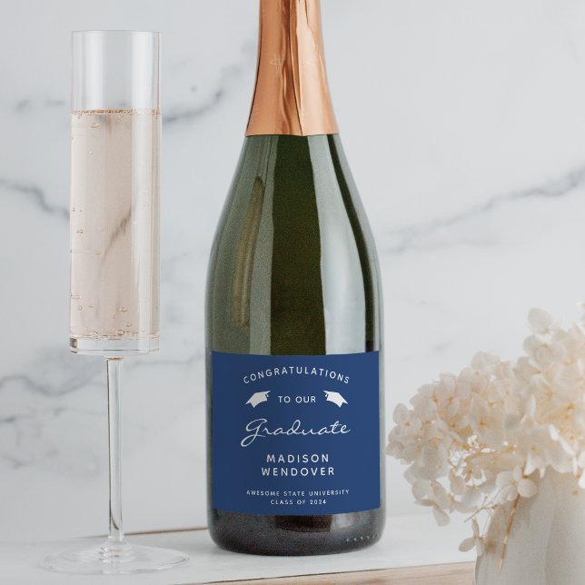 2026 Navy Blue White Script Cap Graduation Sparkling Wine Label (Creator Uploaded)
