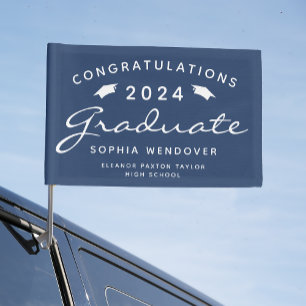 2026 Navy Blue White Script Caps Graduation Car Flag