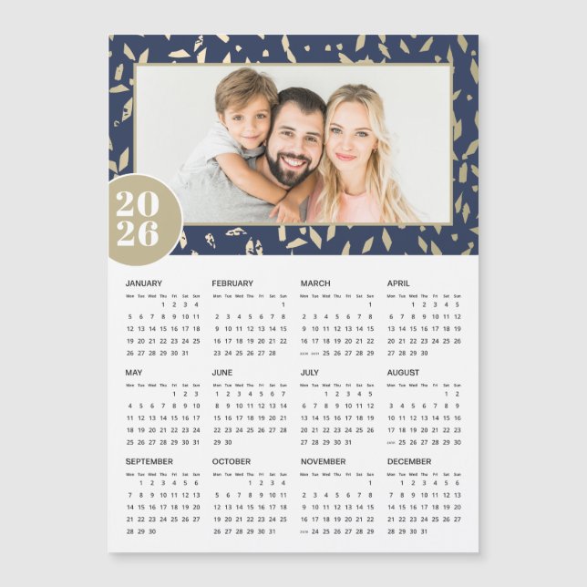 2026 Navy Gold Custom Photo Magnetic Calendar (Front)
