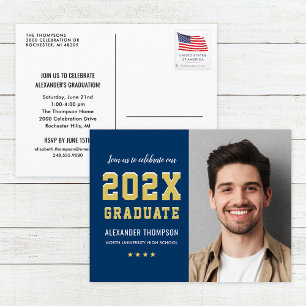 2026 Navy Gold Varsity Graduate Photo Party Invitation Postcard