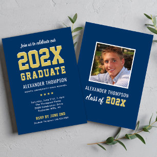 2026 Navy Gold Varsity Graduation Party Photo Invitation