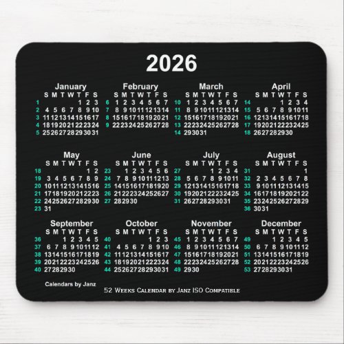 2026 Neon White 52 Weeks ISO Calendar by Janz Mouse Pad