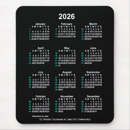 2026 Neon White 52 Weeks ISO Calendar by Janz Mouse Pad