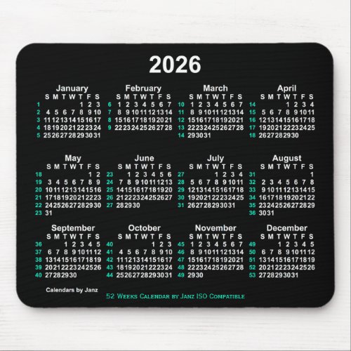2026 Neon White 52 Weeks ISO Calendar by Janz Mouse Pad