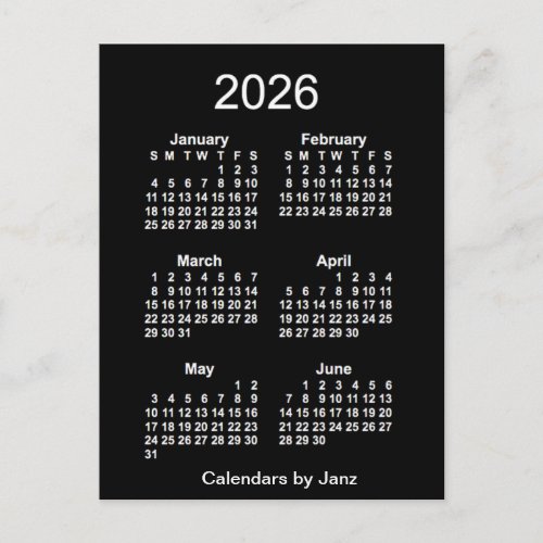 2026 Neon White 6 Month Mini Calendar by Janz Postcard