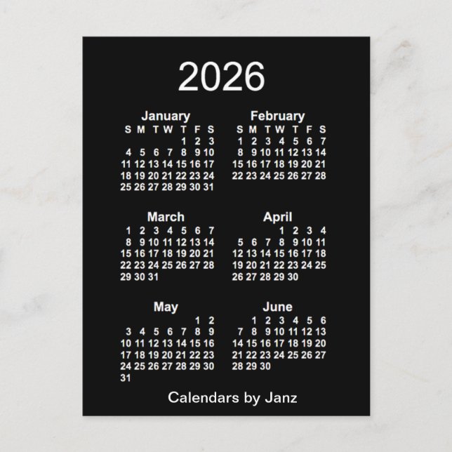 2026 Neon White 6 Month Mini Calendar by Janz Postcard (Front)