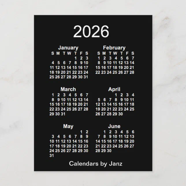2026 Neon White 6 Month Mini Calendar by Janz Postcard Zazzle